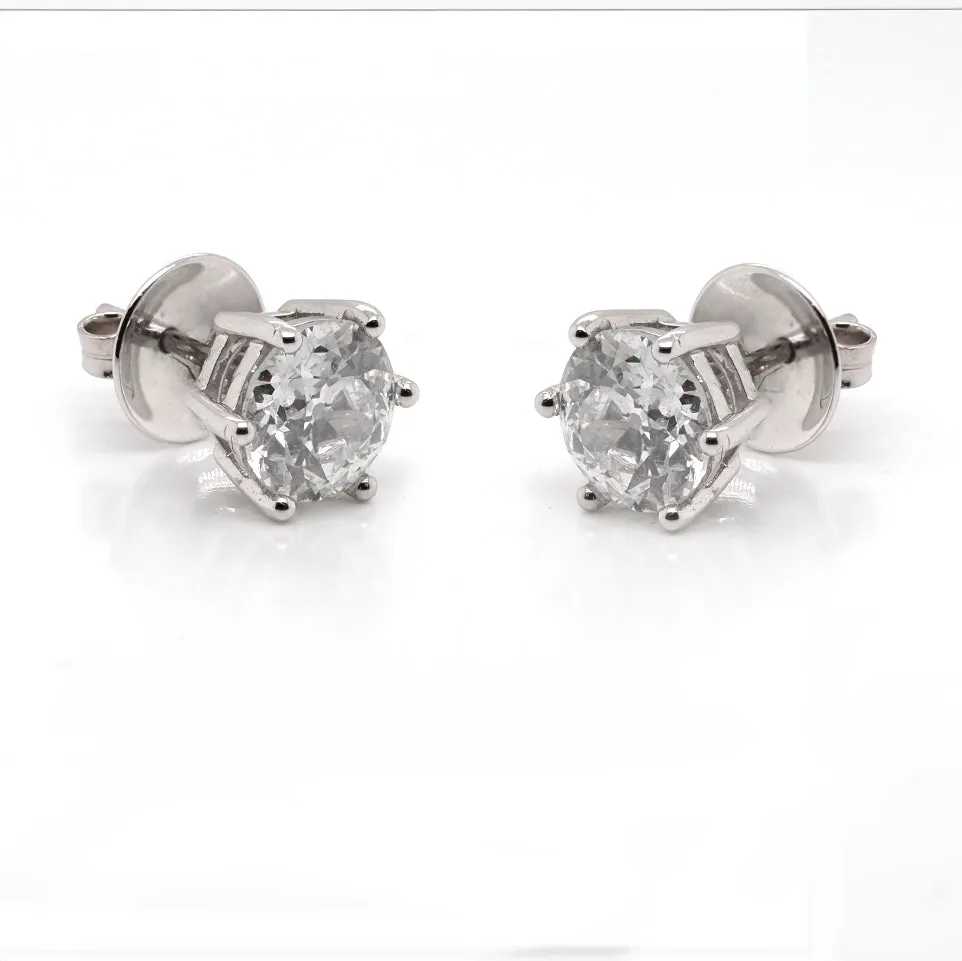 18ct White Gold 6 Claw Old Brilliant Cut Diamond Stud Earrings