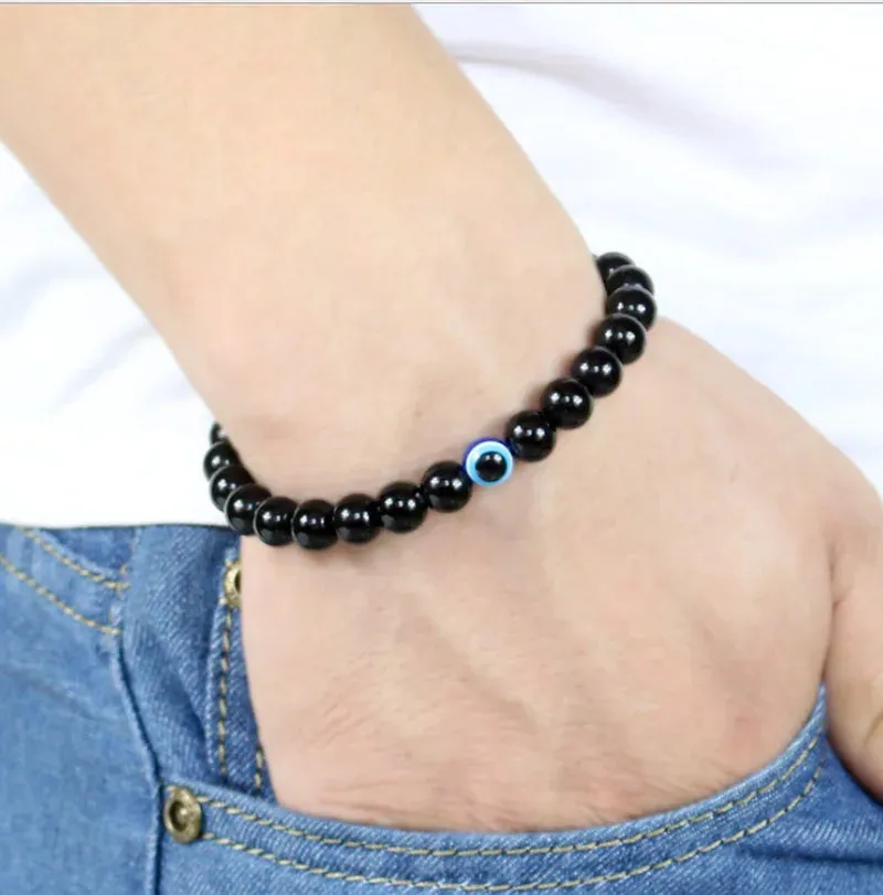 2pcs Turkish Blue Evil Eyes Bracelet Black Natural Stone Beads Obsidian Men Beacelet for Women Men Yoga Hand Jewelry Gifts 6mm