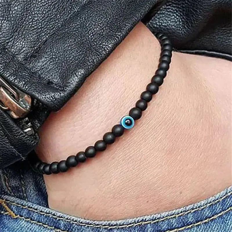 2pcs Turkish Blue Evil Eyes Bracelet Black Natural Stone Beads Obsidian Men Beacelet for Women Men Yoga Hand Jewelry Gifts 6mm