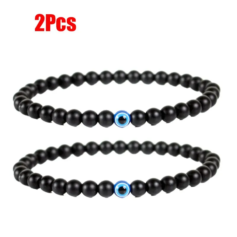 2pcs Turkish Blue Evil Eyes Bracelet Black Natural Stone Beads Obsidian Men Beacelet for Women Men Yoga Hand Jewelry Gifts 6mm