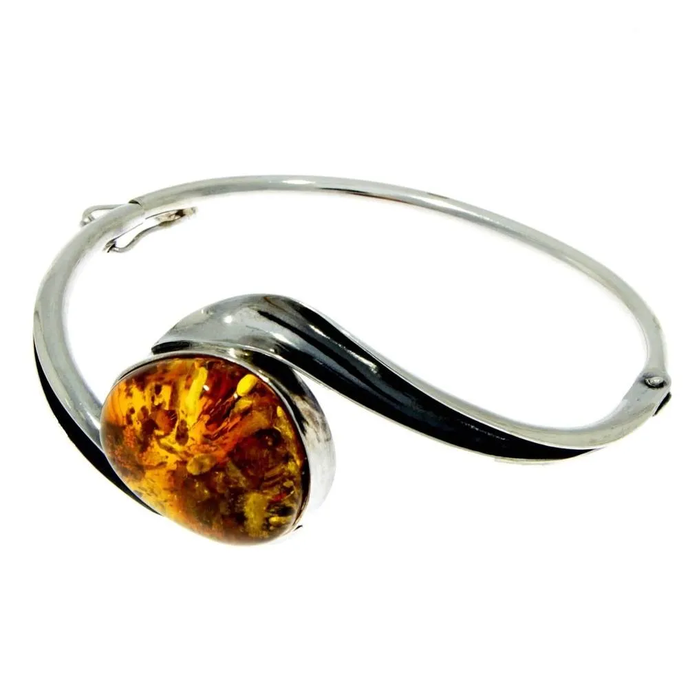 925 Sterling Silver & Genuine Cognac Baltic Amber Exclusive Bangle - BL0140