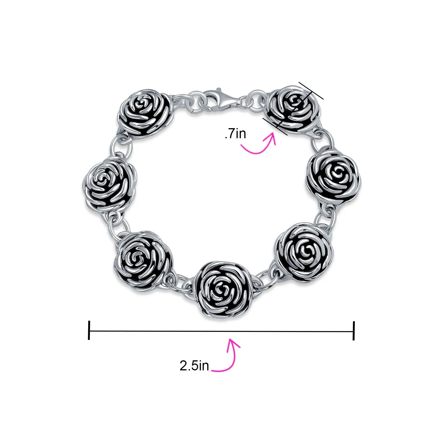 Antiqued Finish 3D Garden Flower Strand Bracelet Black Rose Oxidized Silver