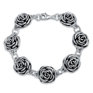 Antiqued Finish 3D Garden Flower Strand Bracelet Black Rose Oxidized Silver