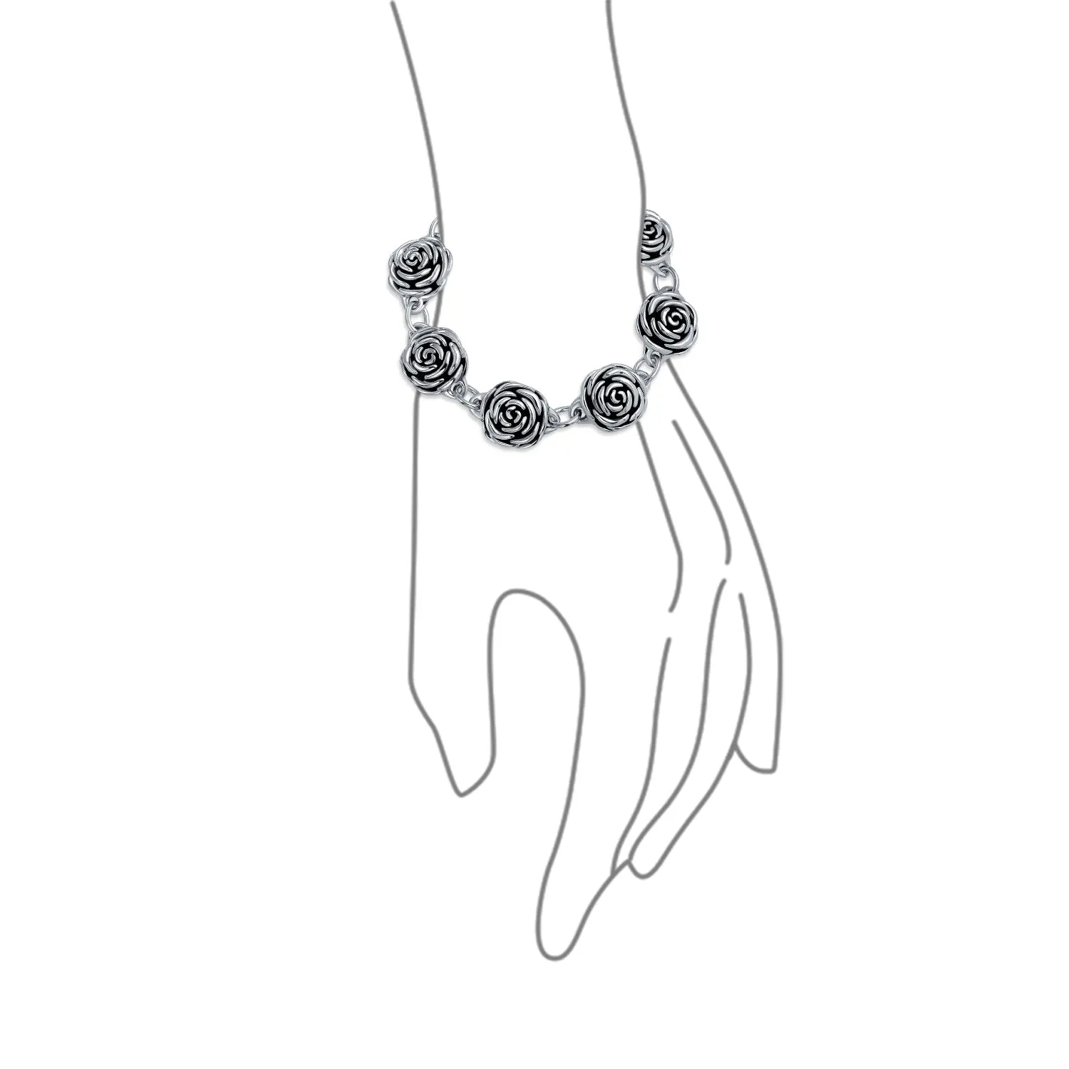 Antiqued Finish 3D Garden Flower Strand Bracelet Black Rose Oxidized Silver