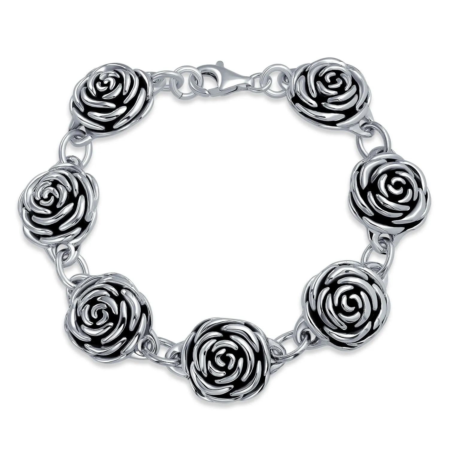 Antiqued Finish 3D Garden Flower Strand Bracelet Black Rose Oxidized Silver
