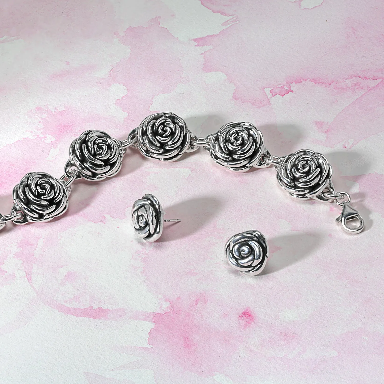 Antiqued Finish 3D Garden Flower Strand Bracelet Black Rose Oxidized Silver
