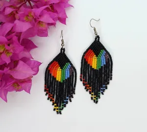 Beaded Dangle Earrings - Black with Rainbow Heart