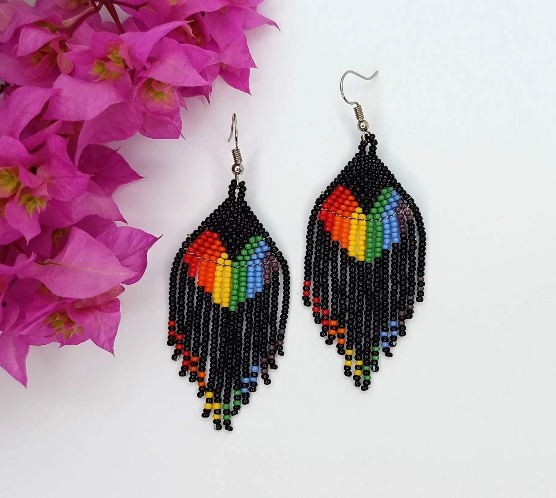 Beaded Dangle Earrings - Black with Rainbow Heart