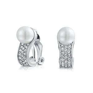 Bridal Crystal Pearl Huggie Clip-On Earrings for Non-Pierced Ears Silver Plated