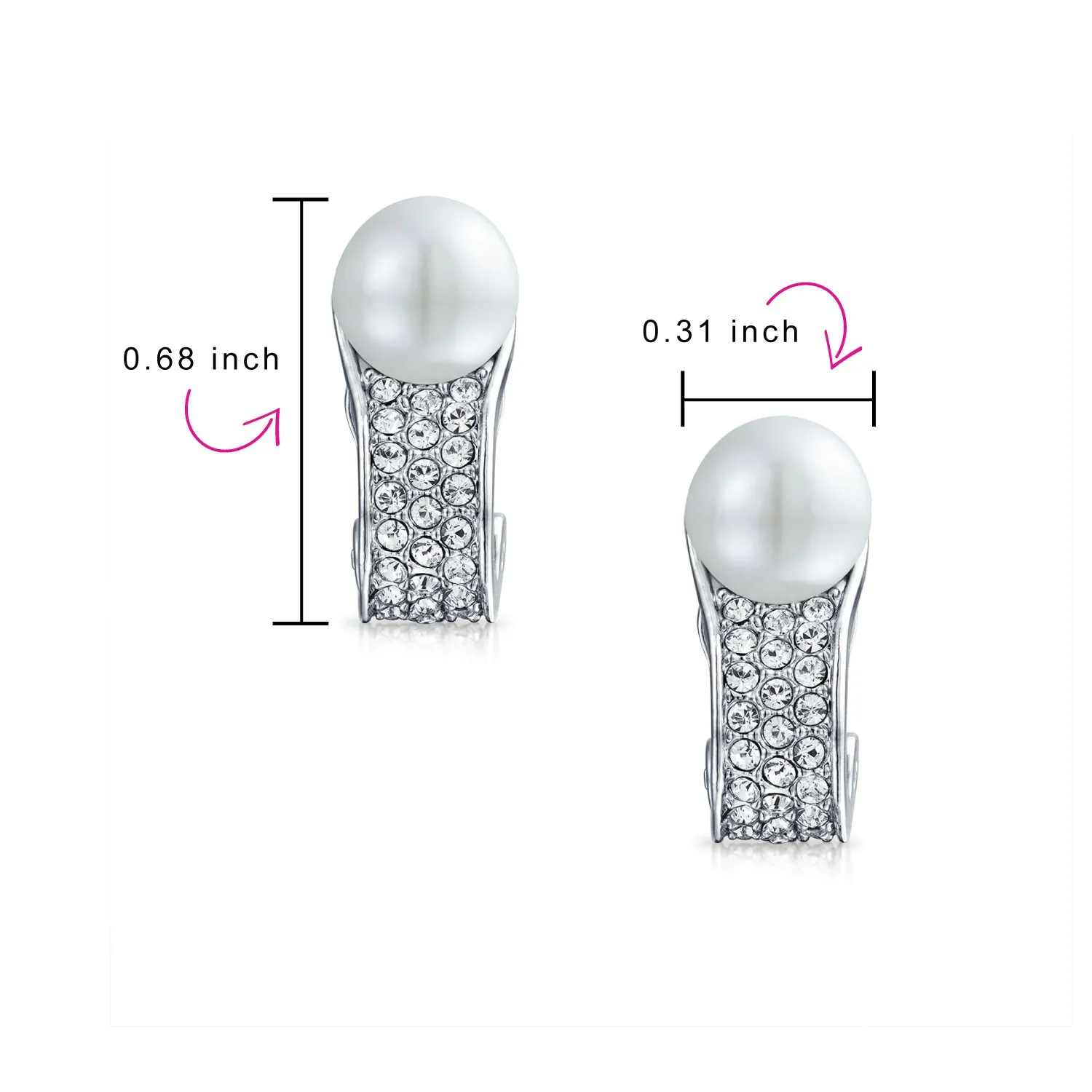 Bridal Crystal Pearl Huggie Clip-On Earrings for Non-Pierced Ears Silver Plated