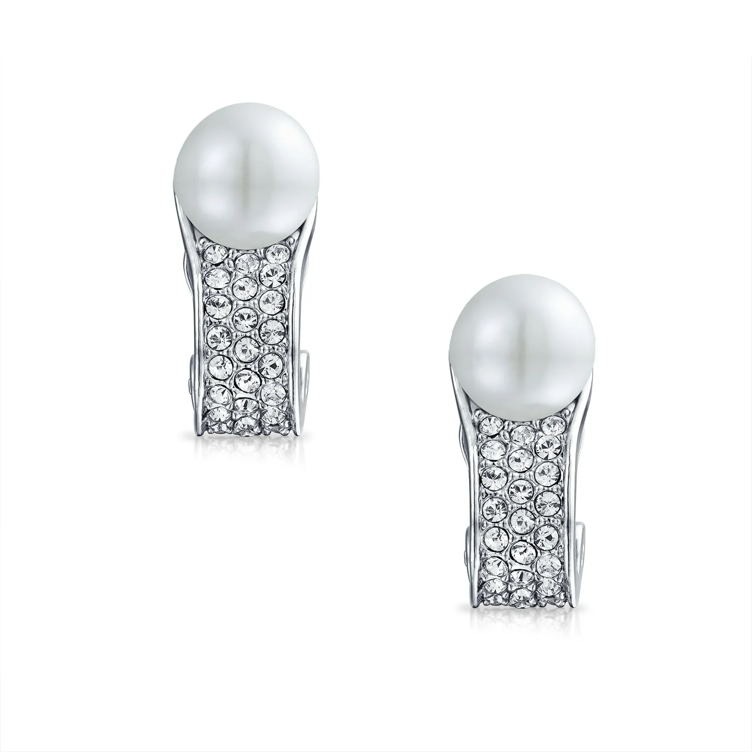 Bridal Crystal Pearl Huggie Clip-On Earrings for Non-Pierced Ears Silver Plated
