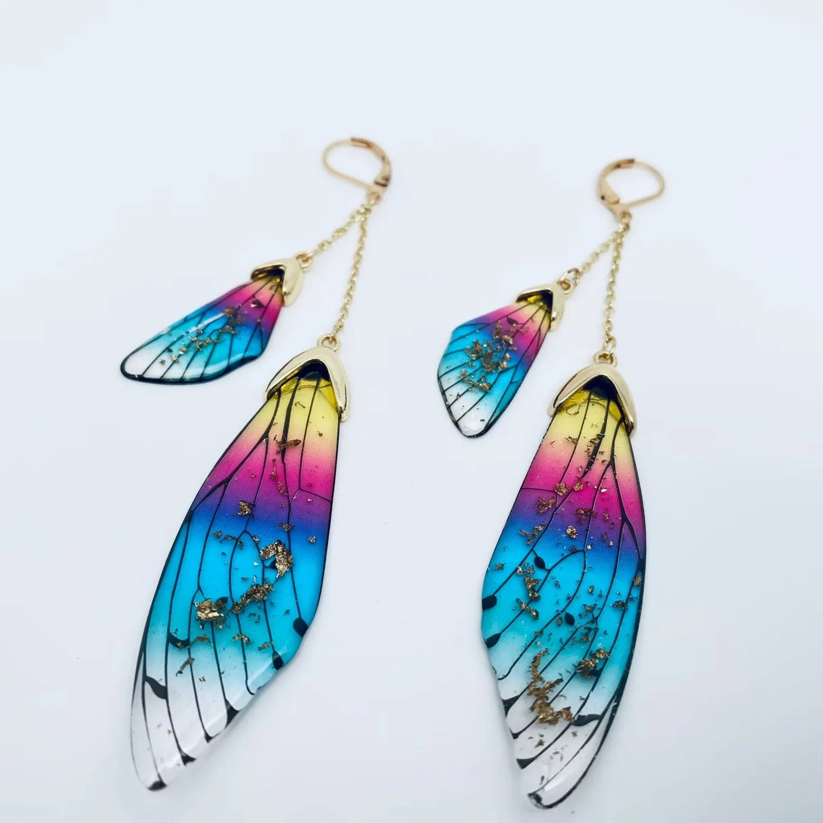 Butterfly Wings Ear Clip Gradient Color Cicada Wing Earrings: Blue-Gold Foil