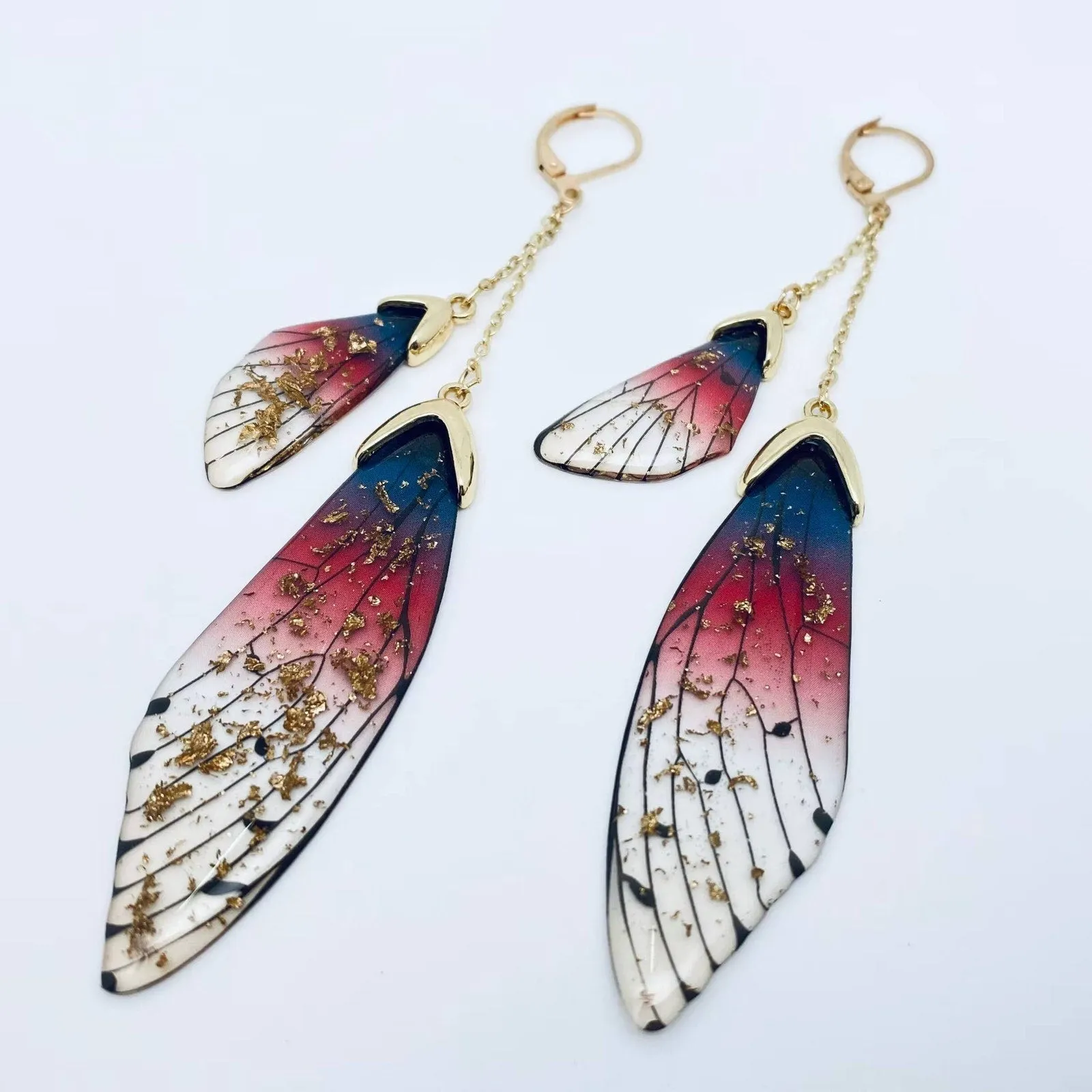 Butterfly Wings Ear Clip Gradient Color Cicada Wing Earrings: Blue-Gold Foil