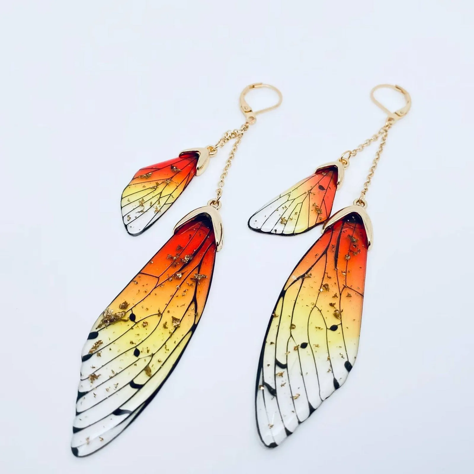 Butterfly Wings Ear Clip Gradient Color Cicada Wing Earrings: Blue-Gold Foil