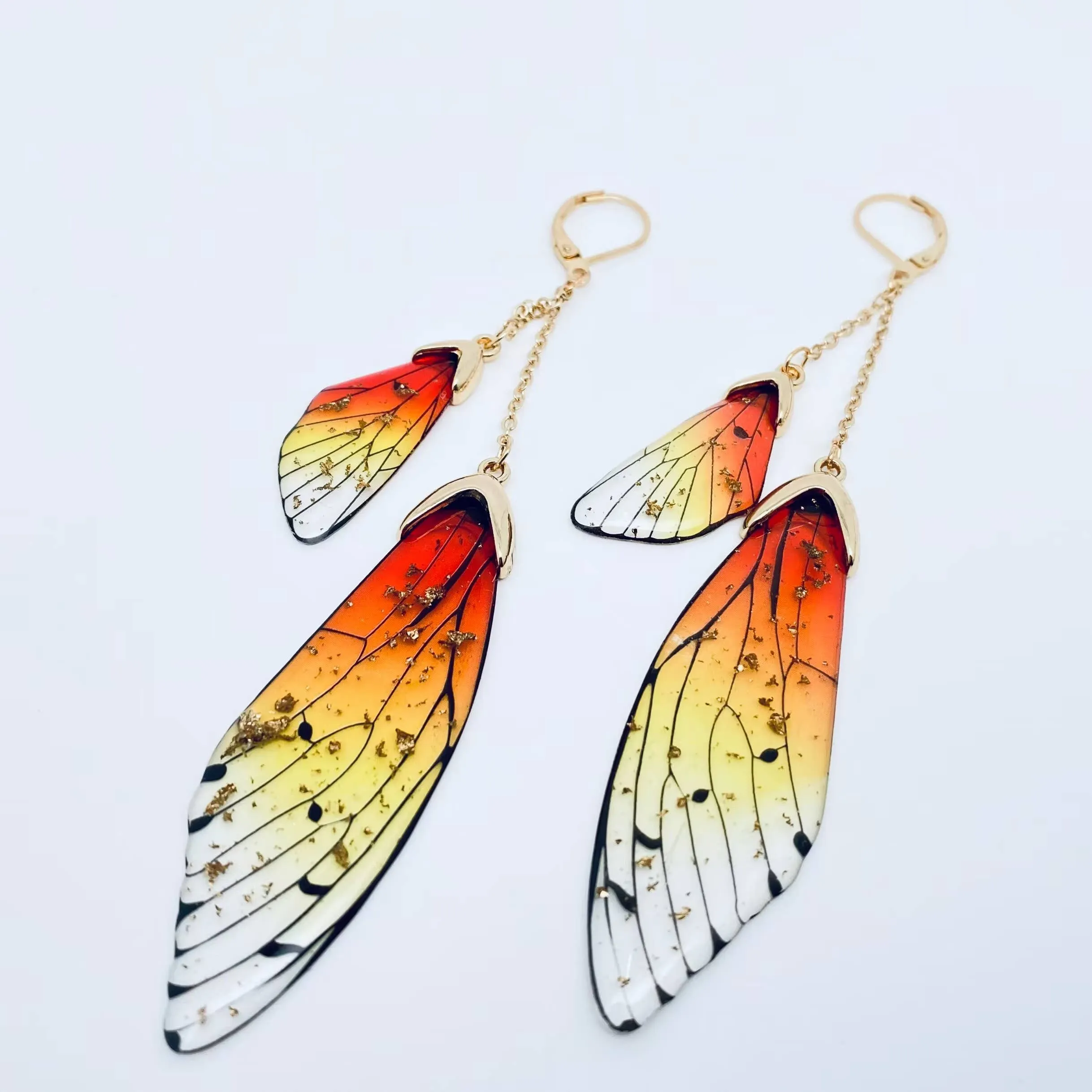 Butterfly Wings Ear Clip Gradient Color Cicada Wing Earrings: Green-Gold Foil