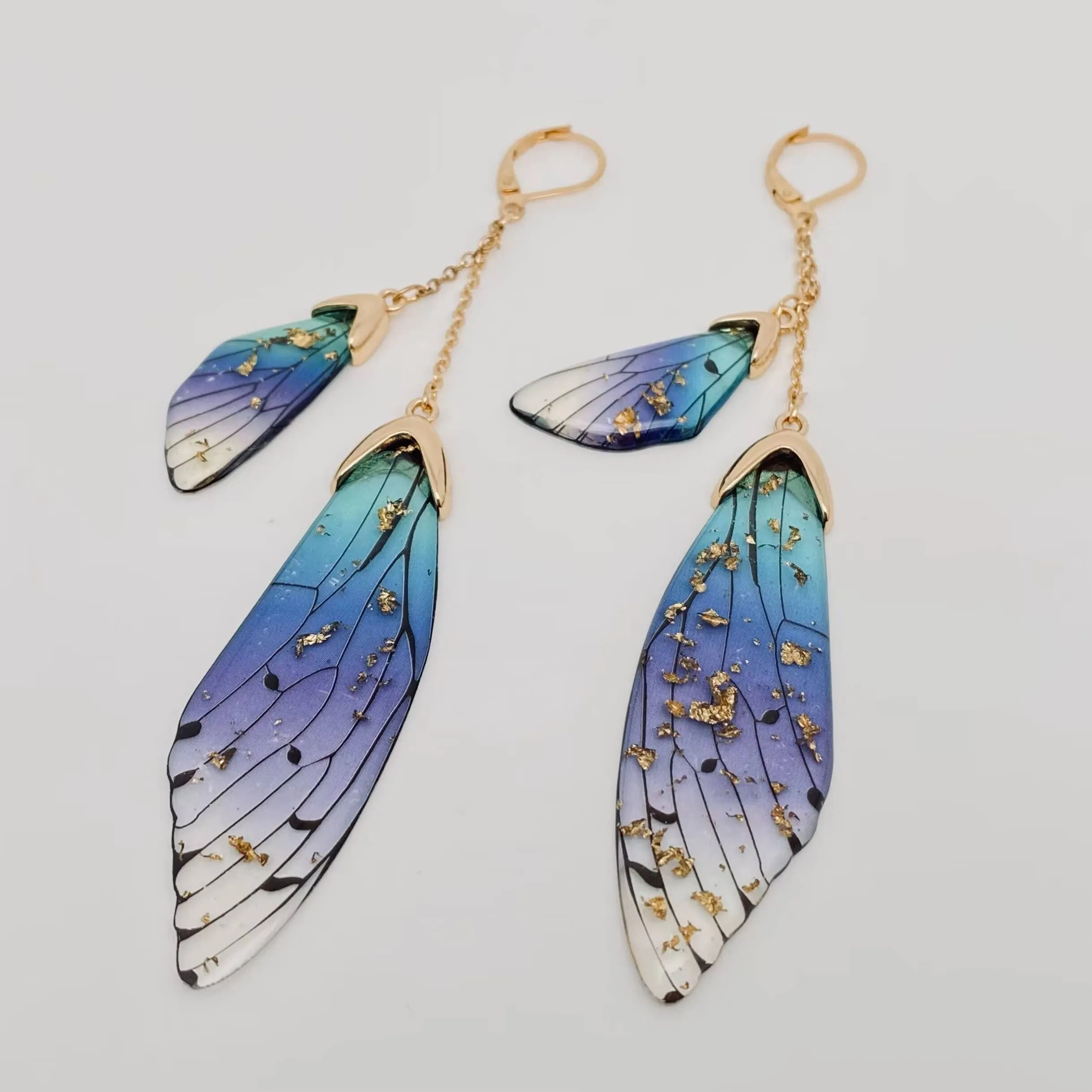Butterfly Wings Ear Clip Gradient Color Cicada Wing Earrings: Green-Gold Foil