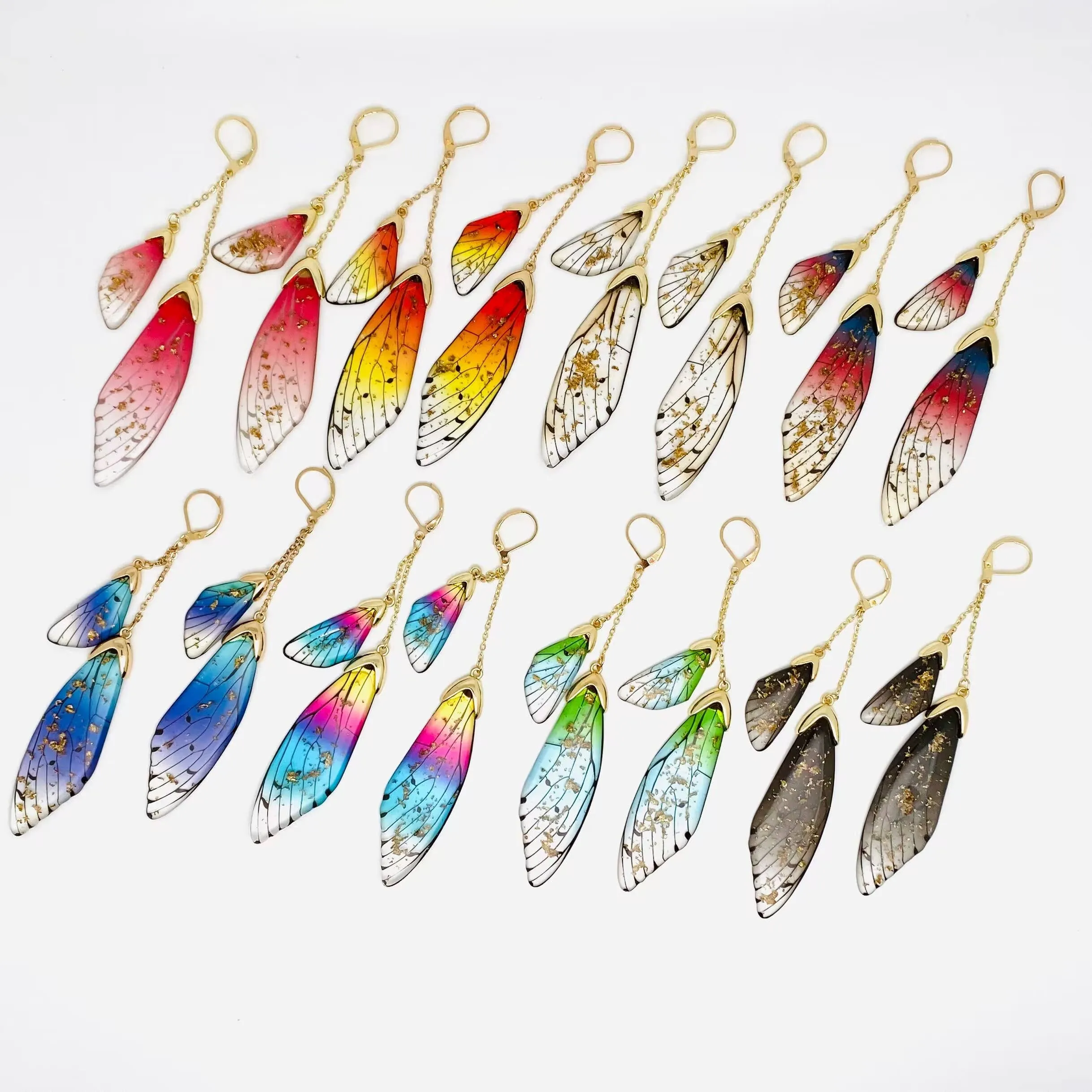 Butterfly Wings Ear Clip Gradient Color Cicada Wing Earrings: Green-Gold Foil