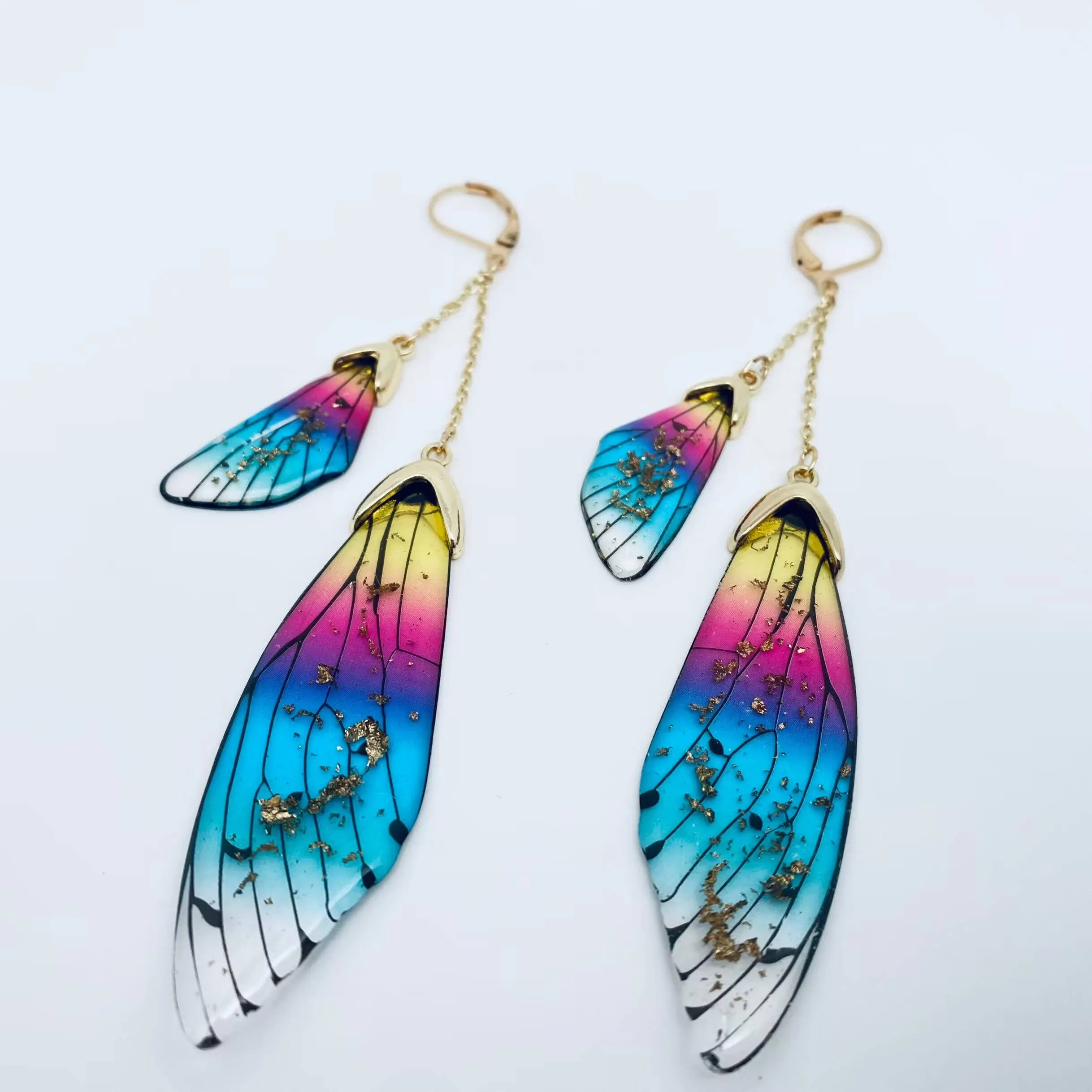 Butterfly Wings Ear Clip Gradient Color Cicada Wing Earrings: Green-Gold Foil