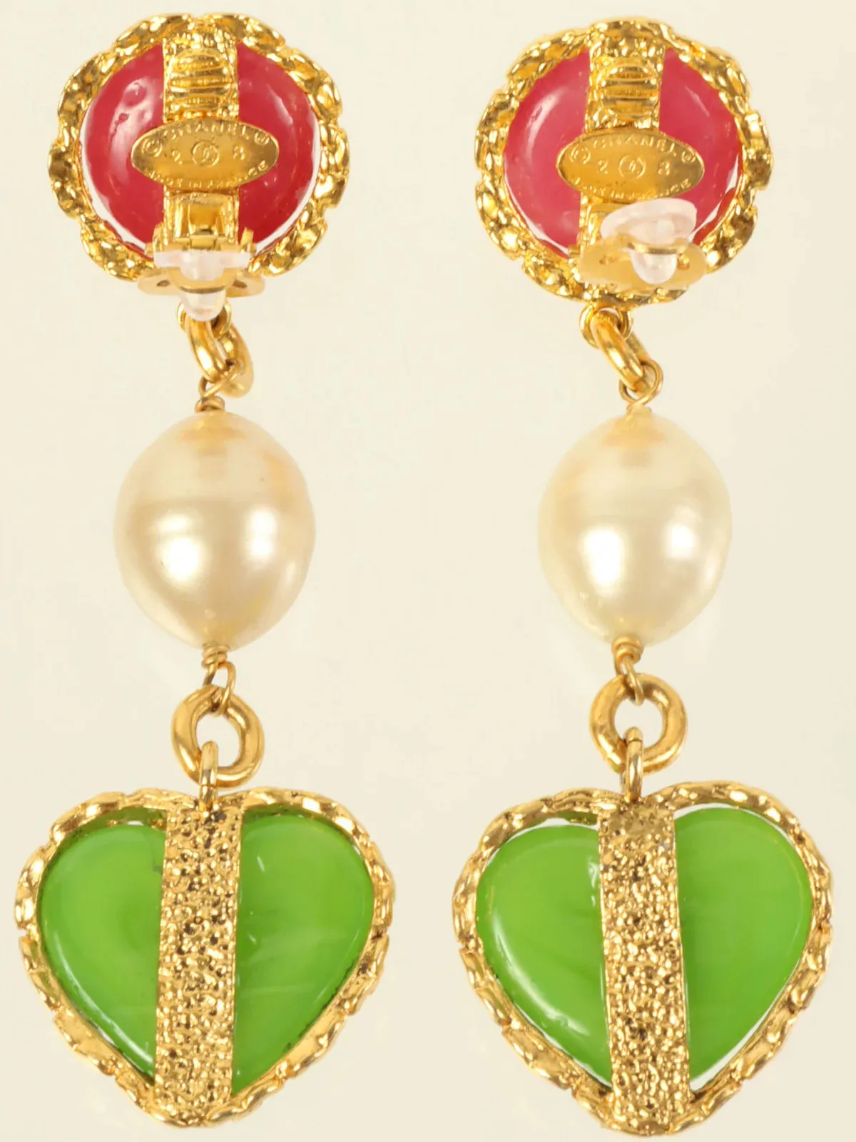 CHANEL 1993 Made Heart Stone Swing Earrings Gold/Green/Pink