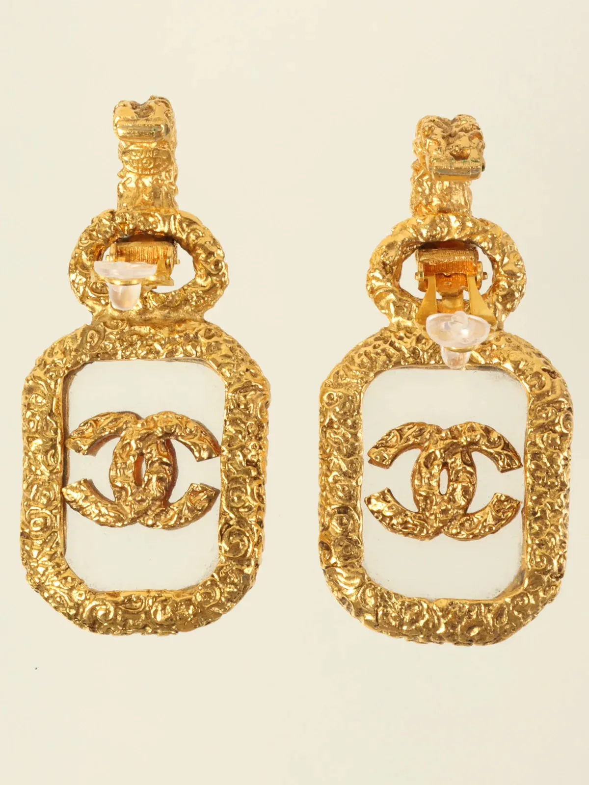 CHANEL 1993 Made Square Cc Mark Swing Earrings Gold/Clear