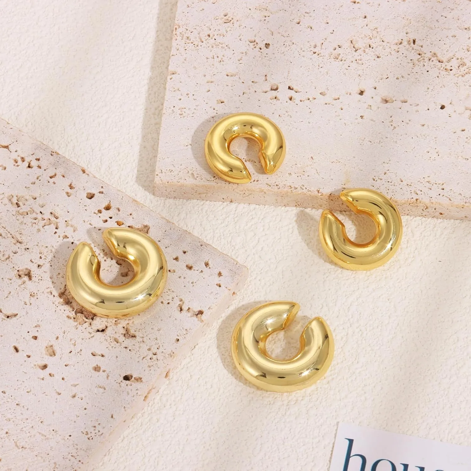 Chunky Gold Silver Hoop Earrings and Ear Cuffs for Women Non Piercing, Hypoallergenic 14K Gold Plated Thick Earrings Lightweight for Women Trendy Jewelry Gifts