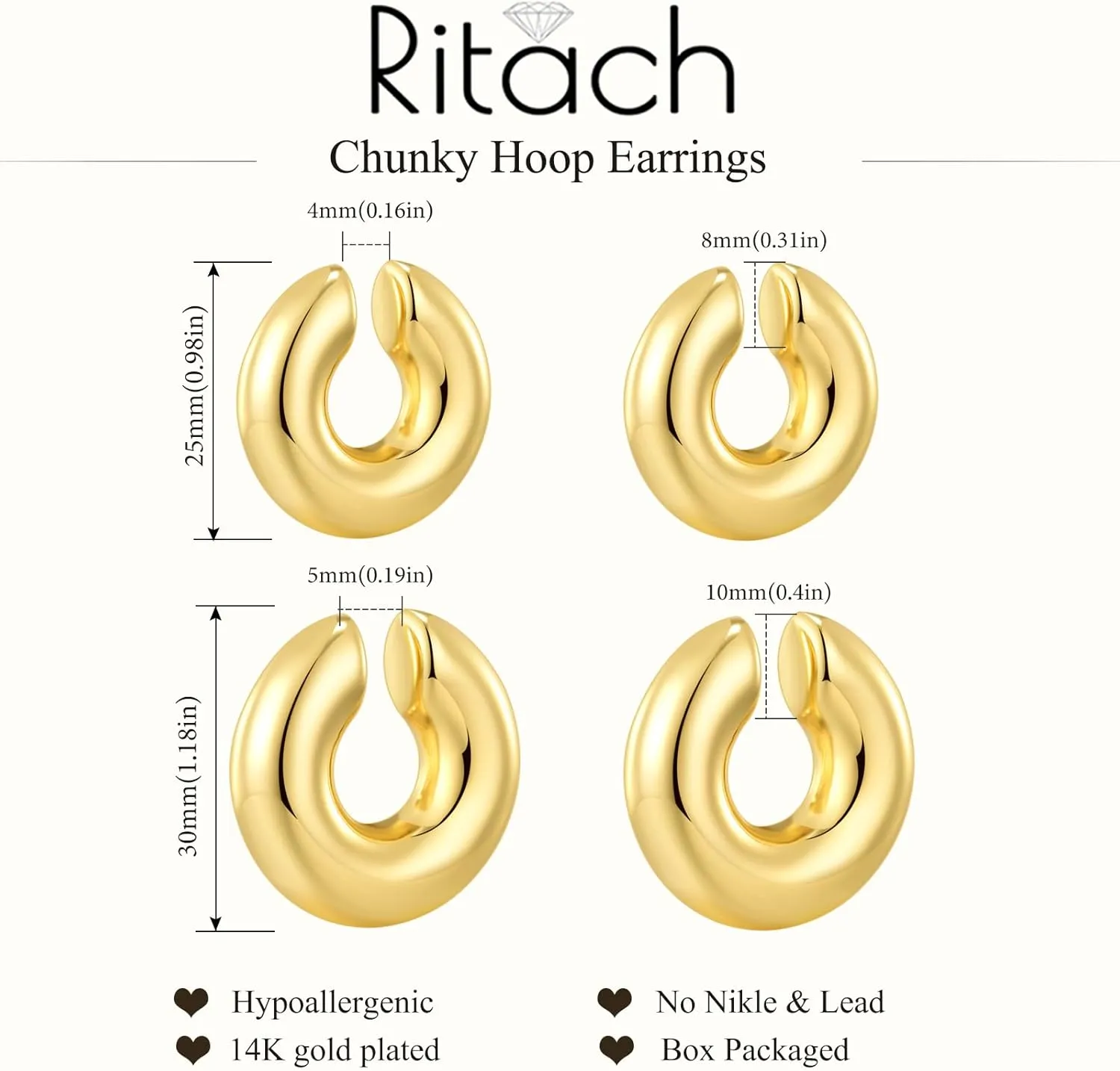Chunky Gold Silver Hoop Earrings and Ear Cuffs for Women Non Piercing, Hypoallergenic 14K Gold Plated Thick Earrings Lightweight for Women Trendy Jewelry Gifts
