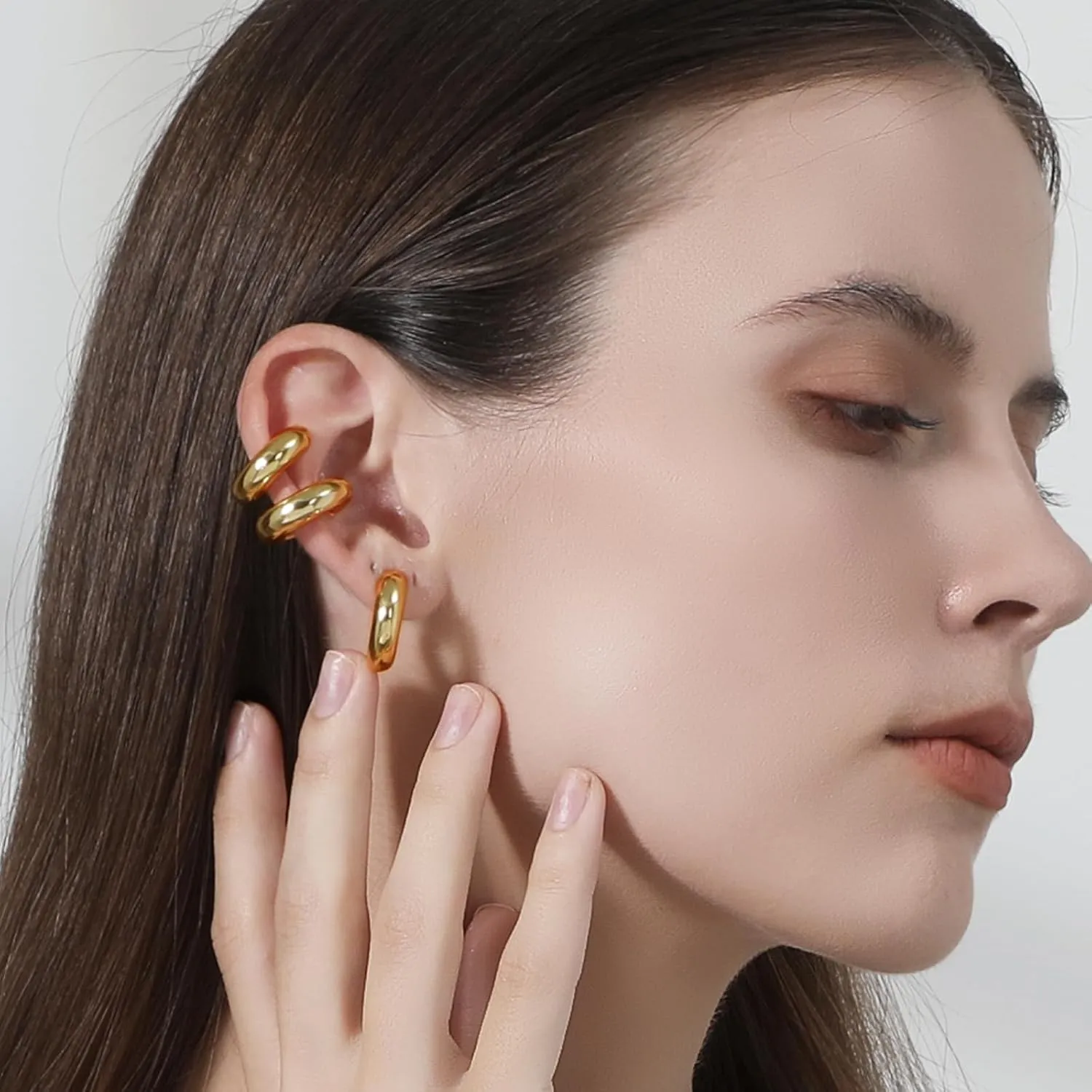 Chunky Gold Silver Hoop Earrings and Ear Cuffs for Women Non Piercing, Hypoallergenic 14K Gold Plated Thick Earrings Lightweight for Women Trendy Jewelry Gifts