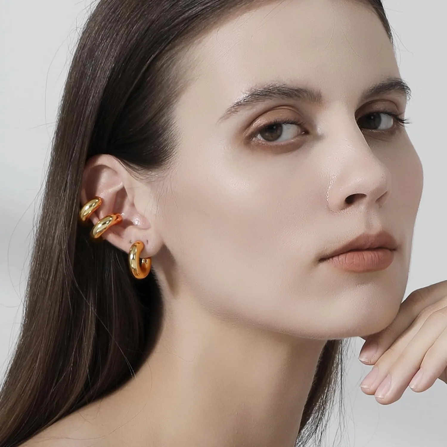 Chunky Gold Silver Hoop Earrings and Ear Cuffs for Women Non Piercing, Hypoallergenic 14K Gold Plated Thick Earrings Lightweight for Women Trendy Jewelry Gifts