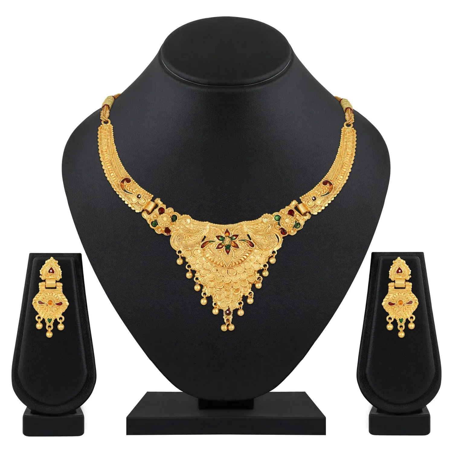 Colourful Peacock Shaped Meenakari Work Traditional Necklace Set