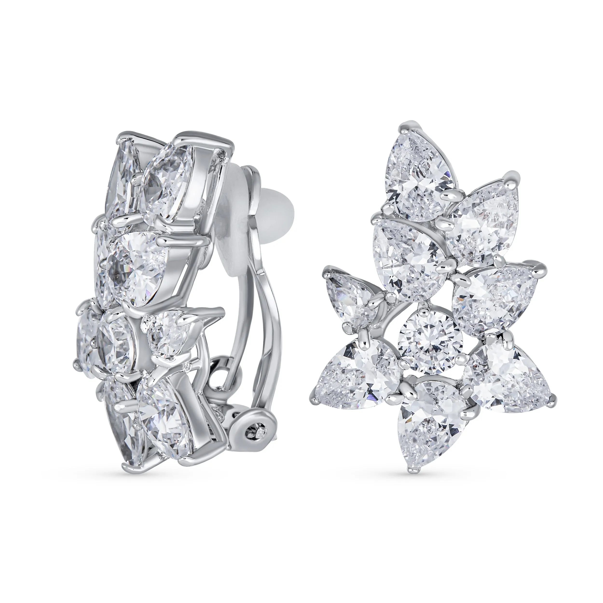 Elegant Bridal Marquise Leaf CZ Clip-On Earrings for Weddings and Proms Silver Plated