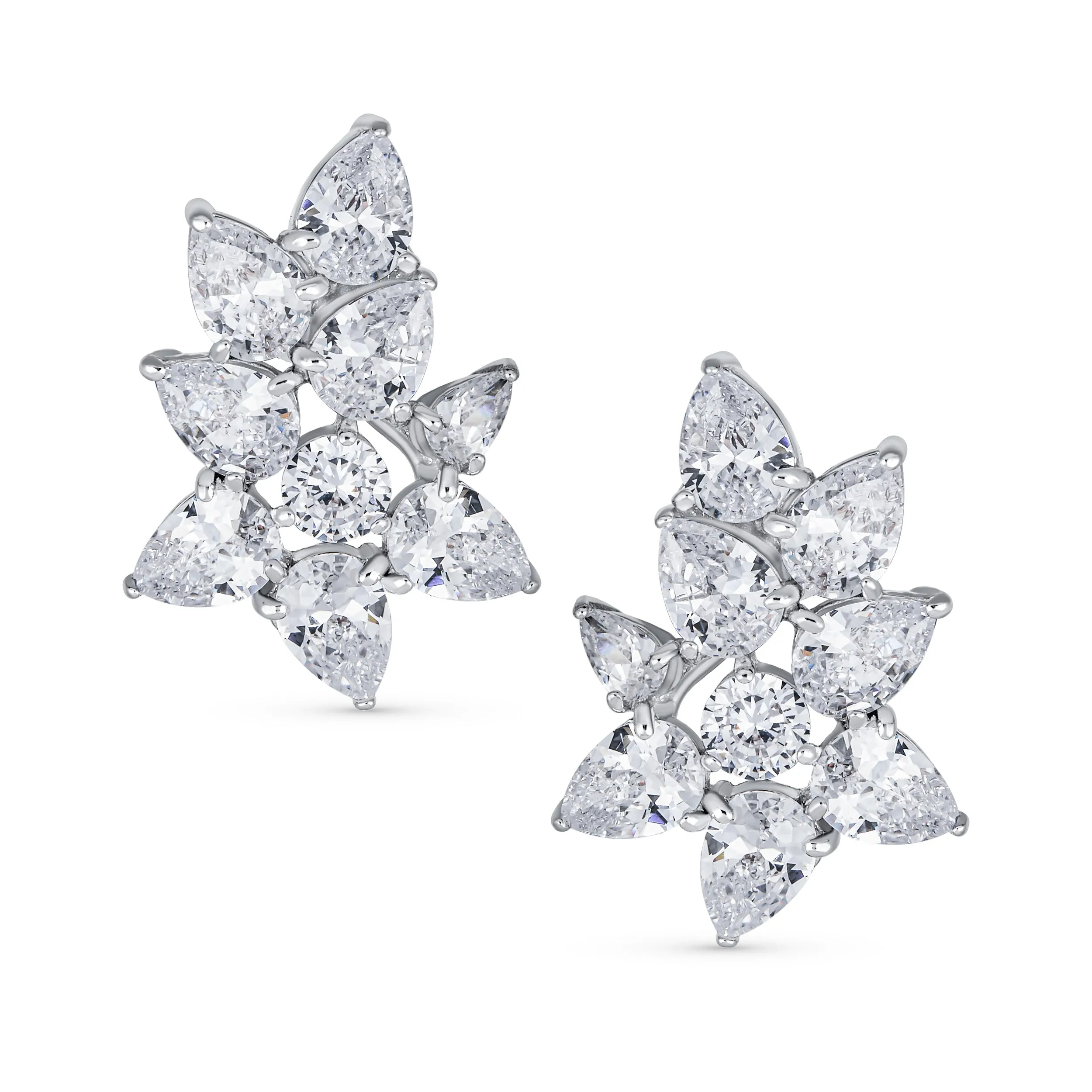 Elegant Bridal Marquise Leaf CZ Clip-On Earrings for Weddings and Proms Silver Plated