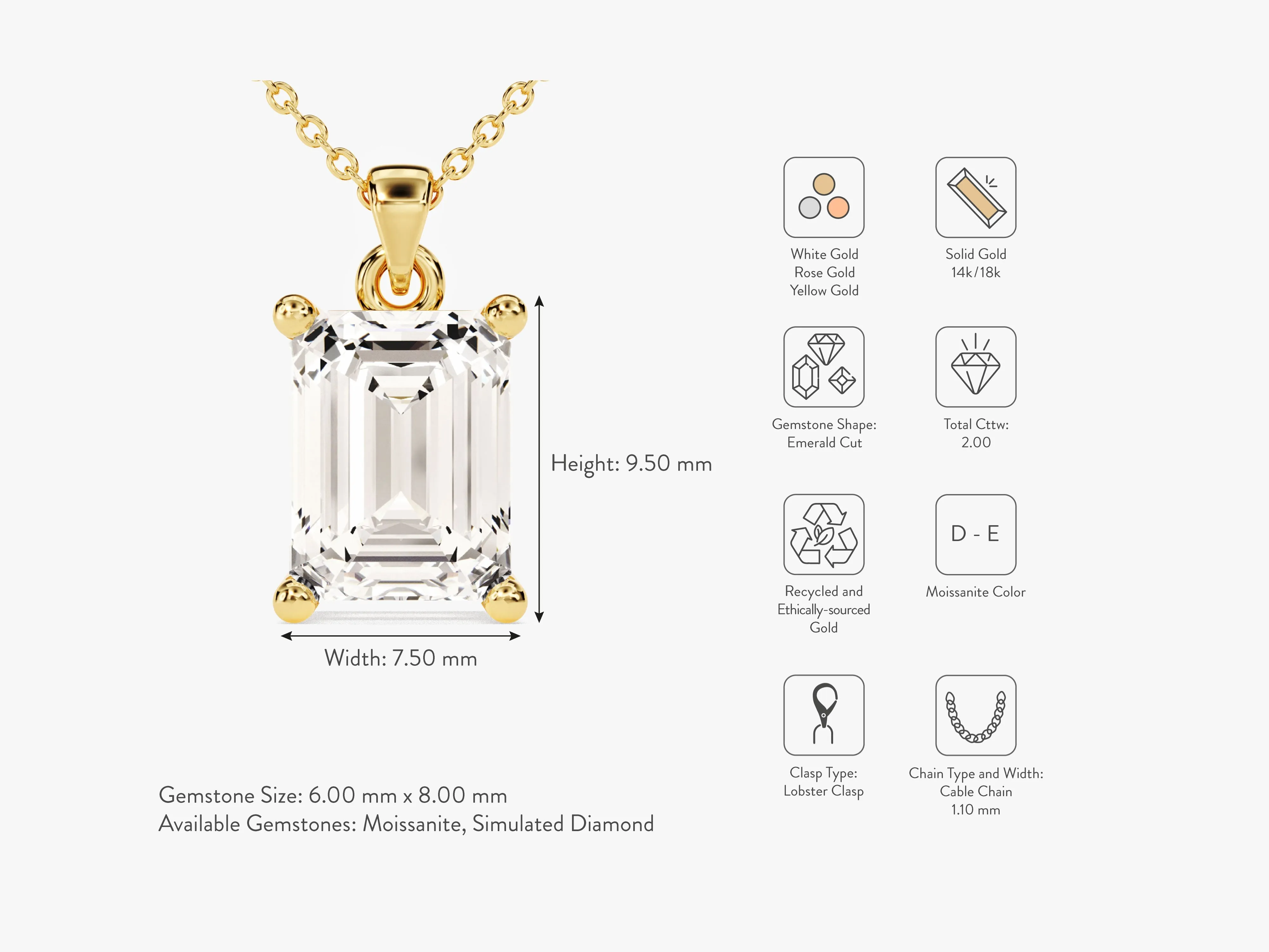 Emerald Cut Moissanite Solitaire Pendant (2.00 CT)