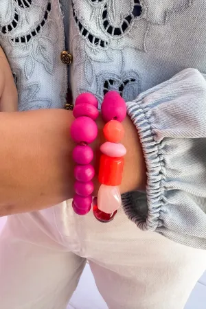 Fuchsia Wooden & Mixed Beaded Set of 2 Bracelet Stack
