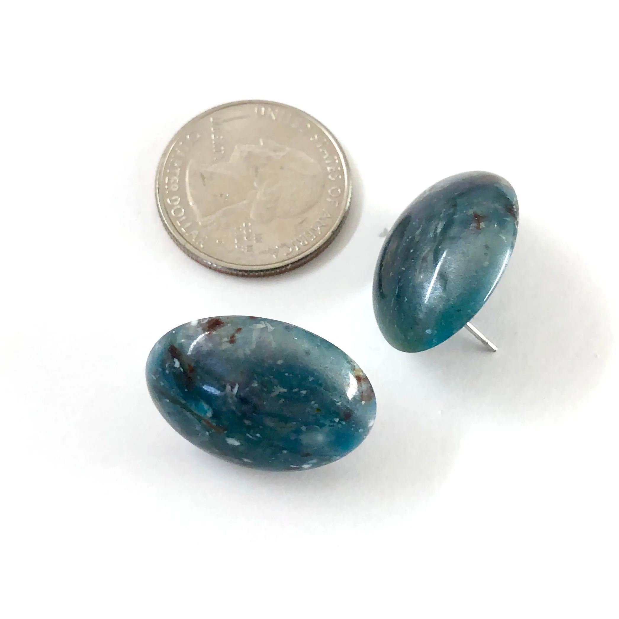 Galaxy Blue Marbled Oval Button Stud Earrings