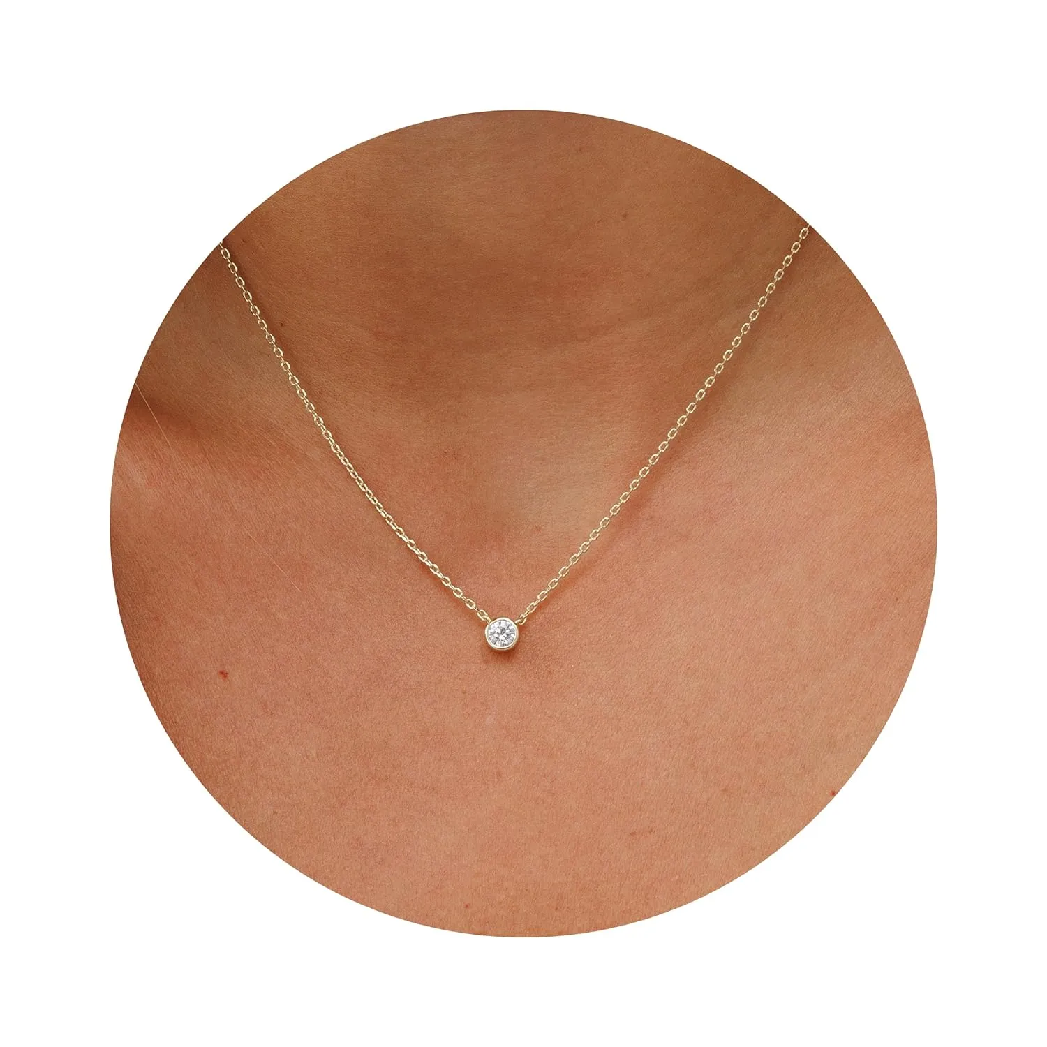 Galis Dainty Necklace - Gold Plated 18" Choker for Women with Dainty Small Round Faux Diamond Pendant, Trendy Necklaces for Women, with CZ Solitaire Lobster Clasp, Minimalist Gift