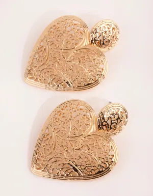 Gold Statement Filigree Heart Earrings