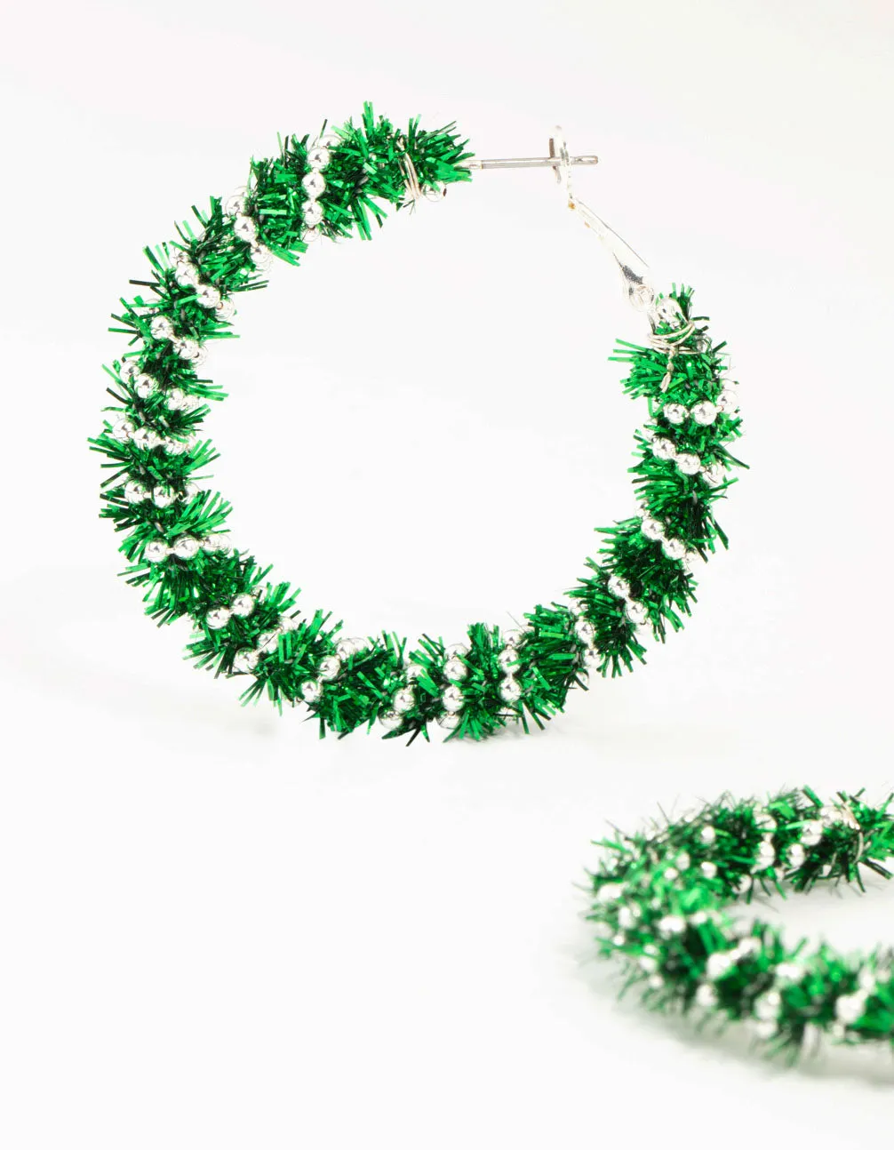 Green Tinsel Silver Hoop Earrings