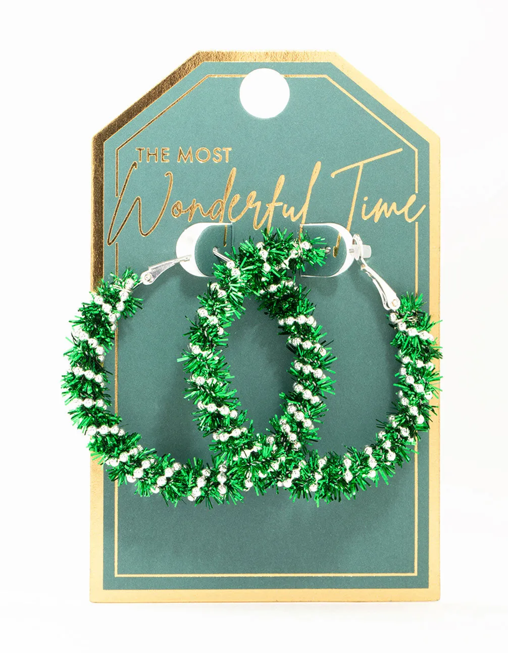 Green Tinsel Silver Hoop Earrings
