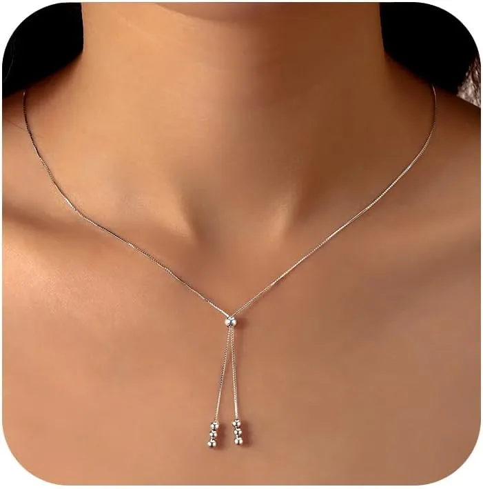 Lariat Gold Necklace for Women S925 Sterling Silver Dainty Layered Bead Necklaces 14k Gold Plated/Silver Adjustable Y-Shaped Tassel Round Beaded Pendant Long Chain Necklace for Mom Birthday Graduation Gifts