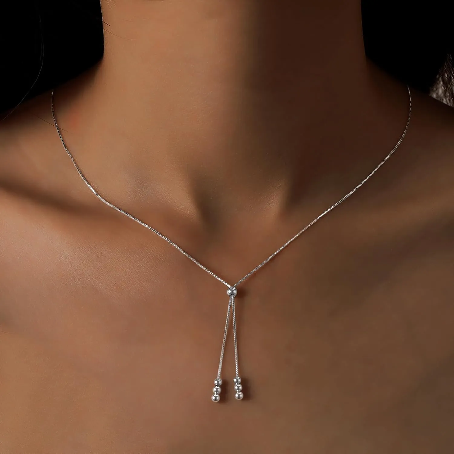 Lariat Gold Necklace for Women S925 Sterling Silver Dainty Layered Bead Necklaces 14k Gold Plated/Silver Adjustable Y-Shaped Tassel Round Beaded Pendant Long Chain Necklace for Mom Birthday Graduation Gifts
