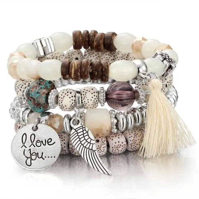Layered Wing Tassel Crystal and Lava Stone Jewelry Bracelet
