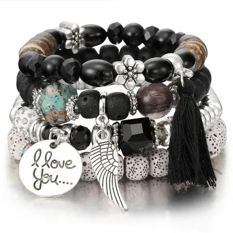 Layered Wing Tassel Crystal and Lava Stone Jewelry Bracelet