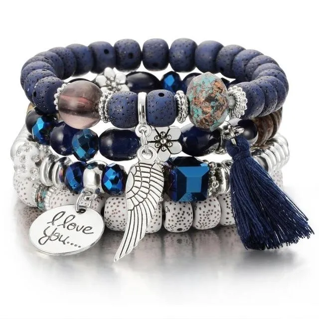Layered Wing Tassel Crystal and Lava Stone Jewelry Bracelet