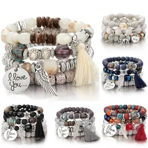 Layered Wing Tassel Crystal and Lava Stone Jewelry Bracelet
