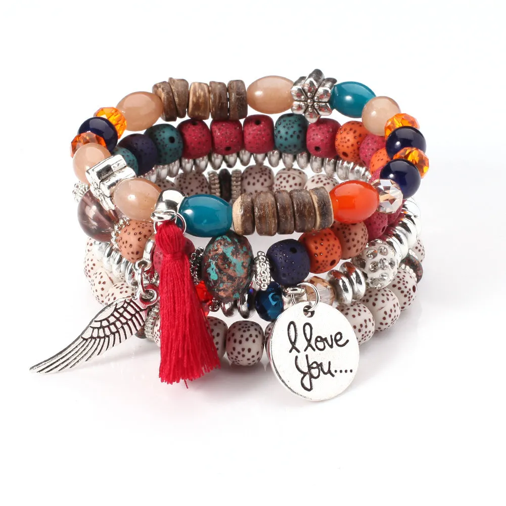 Layered Wing Tassel Crystal and Lava Stone Jewelry Bracelet