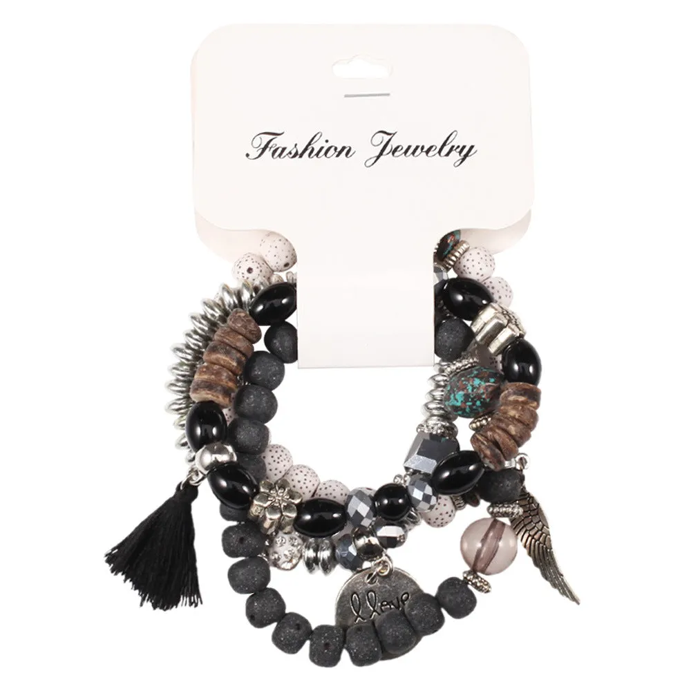 Layered Wing Tassel Crystal and Lava Stone Jewelry Bracelet