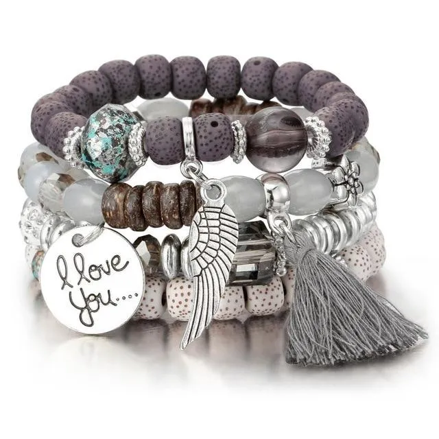Layered Wing Tassel Crystal and Lava Stone Jewelry Bracelet