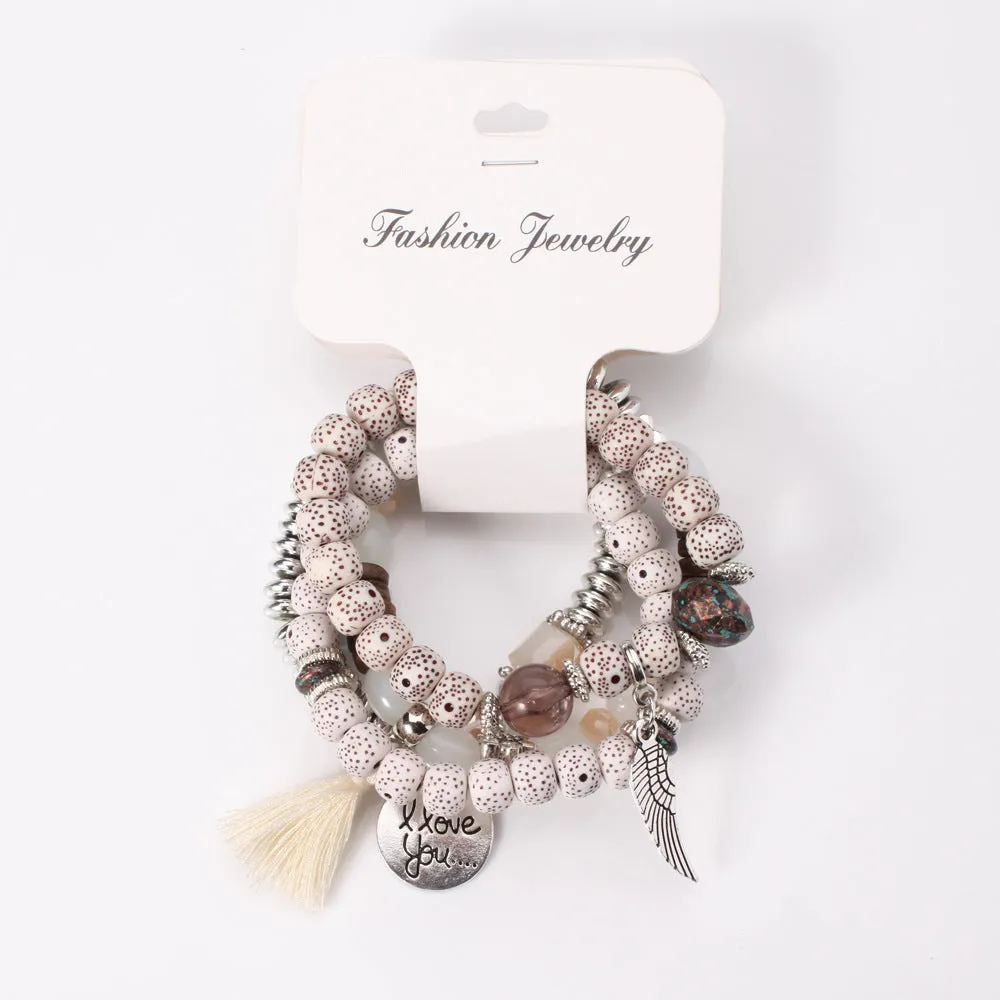 Layered Wing Tassel Crystal and Lava Stone Jewelry Bracelet
