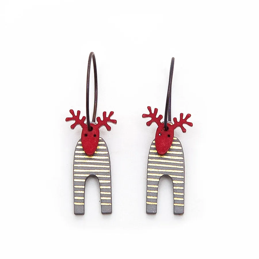 Lene Lundberg K-Form Grey Gold Striped/Red Head Reindeer Earrings