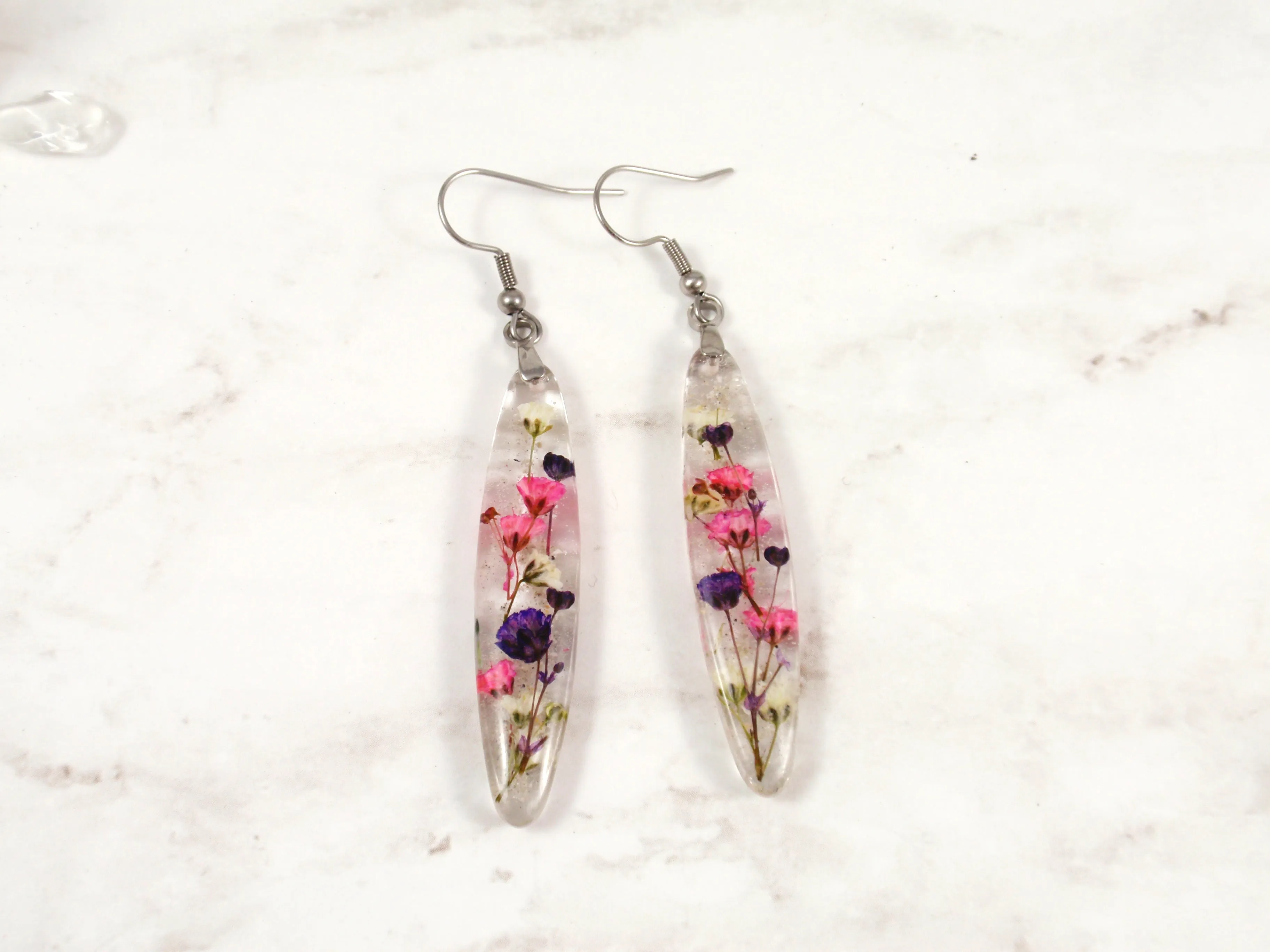 Long Baby's Breath Dangle Earrings with Ash